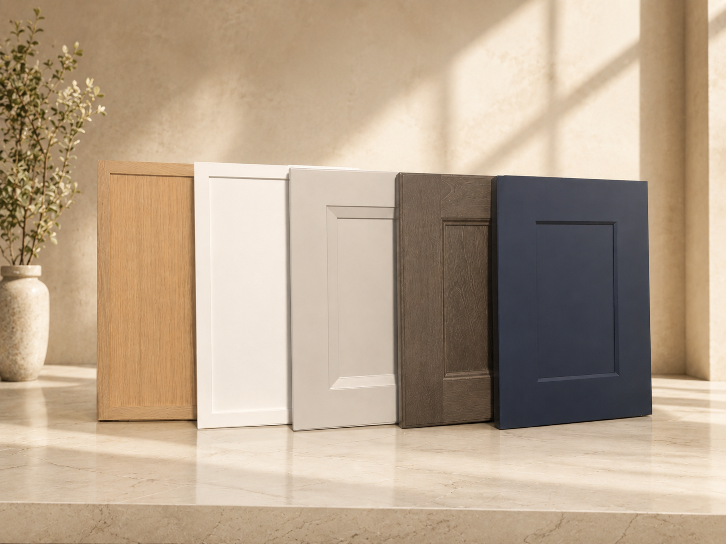 Rose Hill cabinet door samples shown together in several finishes