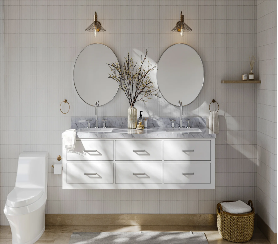 Floating white double vanity with marble countertop, dual round mirrors, and gold sconce lighting