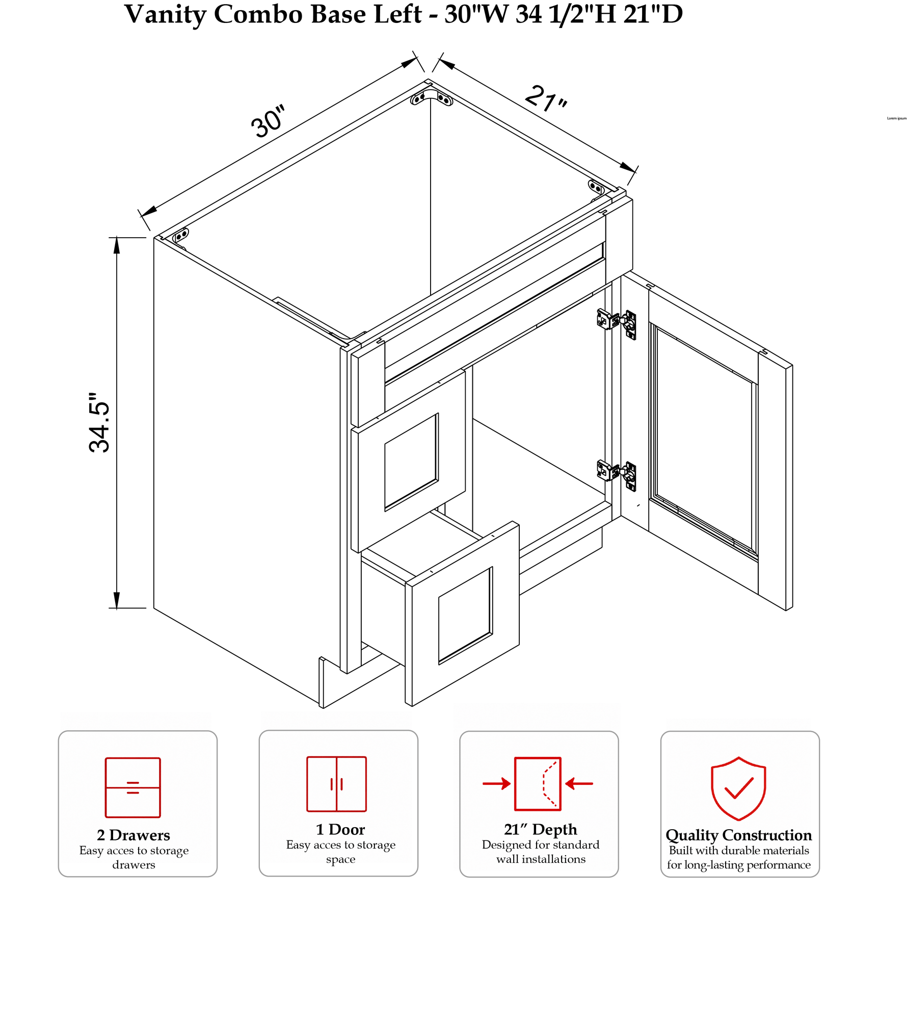 Rose Hill Regal Shaker — Onyx — Vanity Sink Base VSD30L - Specification Drawing
