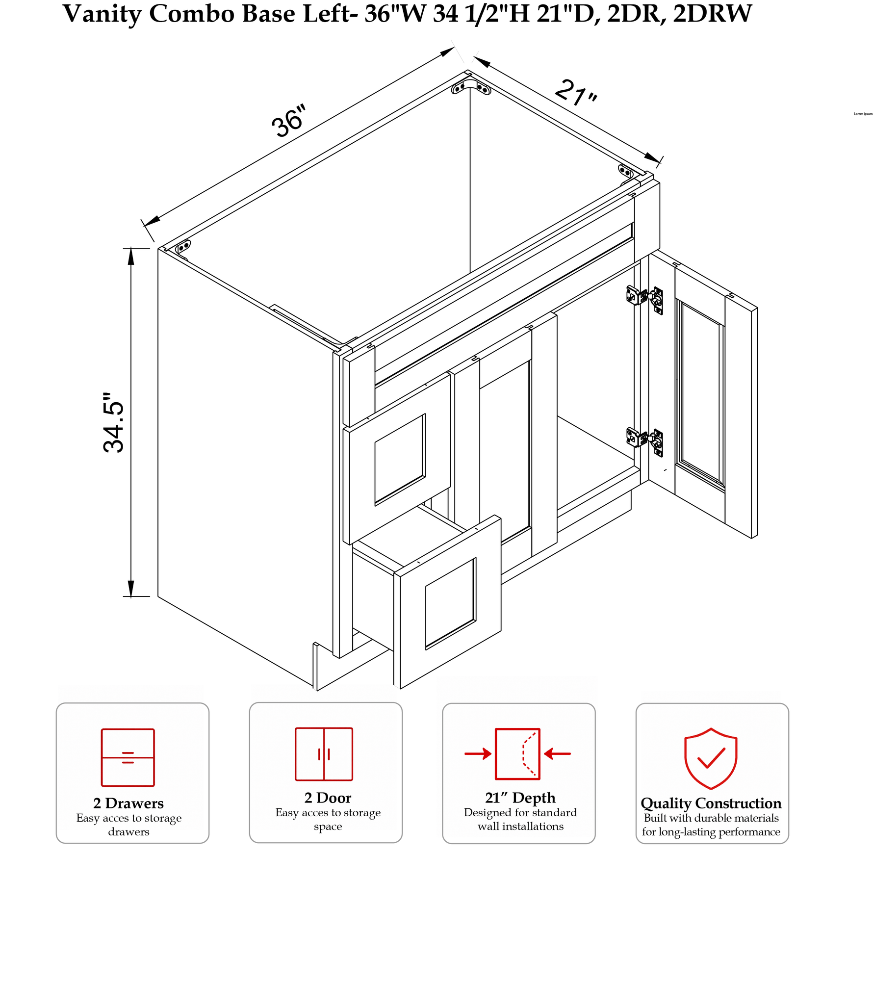 Rose Hill Signature Shaker — Linen — Vanity Sink Drawer Cabinet VSD36L - Specification Drawing