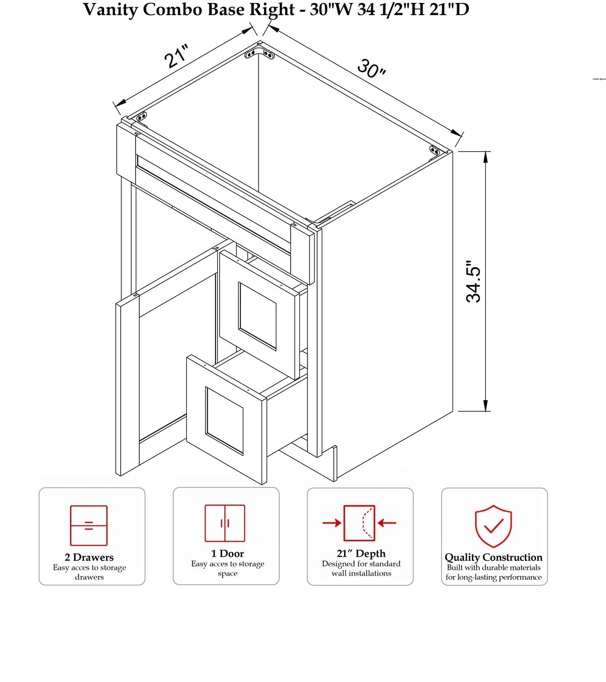 Rose Hill Signature Shaker — White — Vanity Sink Base VSD30R - Specification Drawing