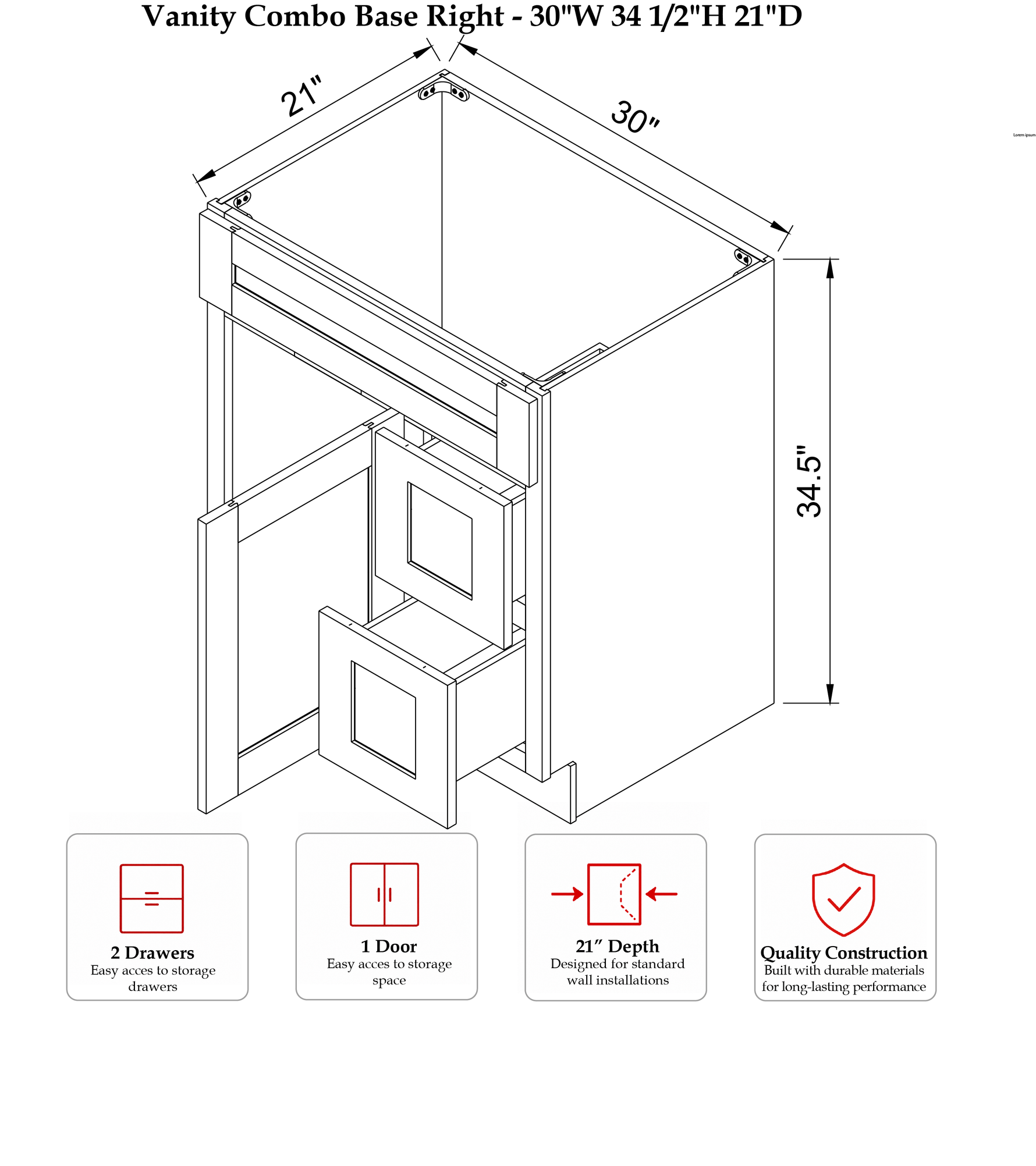 Rose Hill Studio Slim — Linen — Vanity Sink Base VSD30R - Specification Drawing