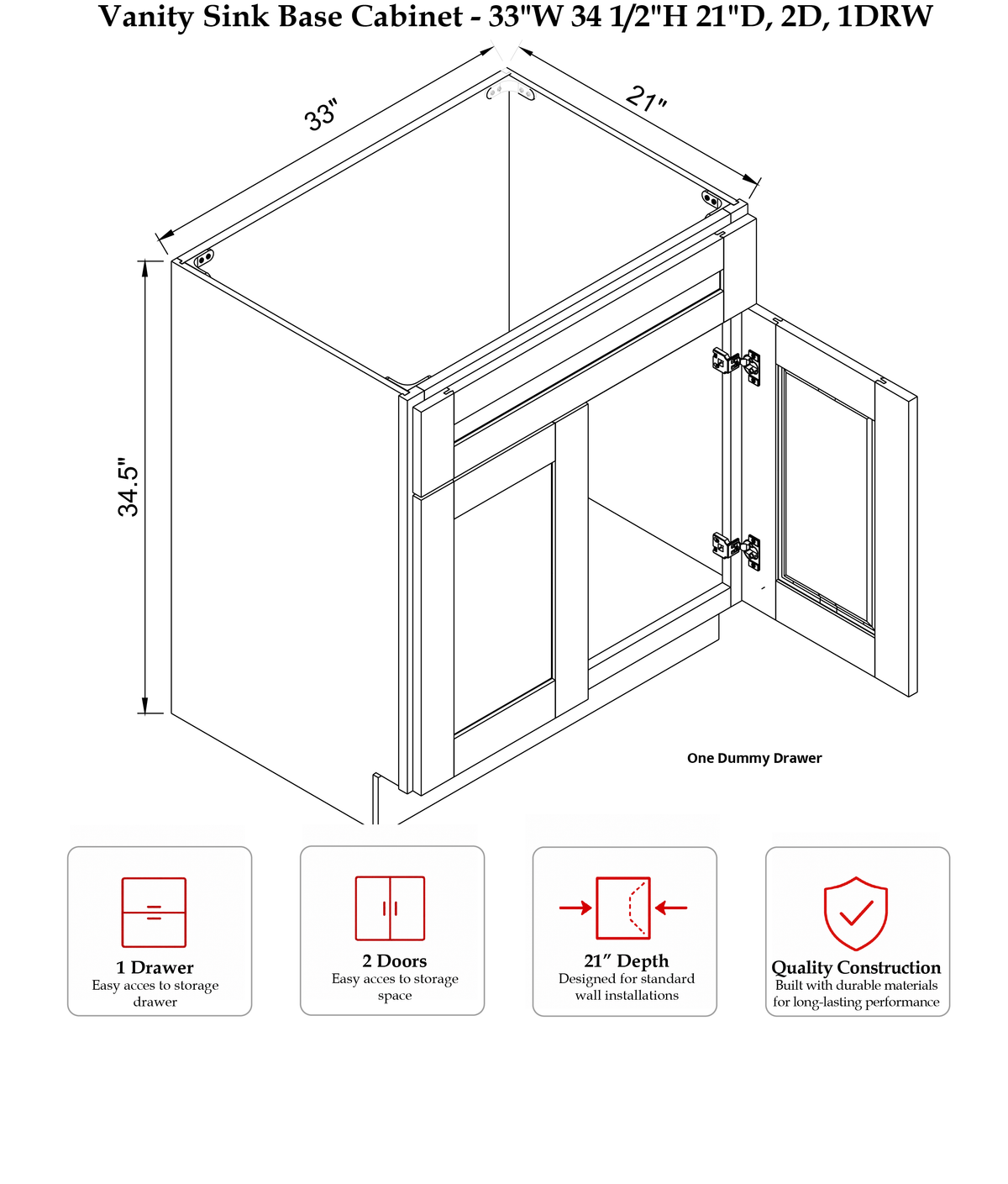 Rose Hill Regal Shaker — Oyster — Vanity Sink Base Cabinet VSB33 - Specification Drawing