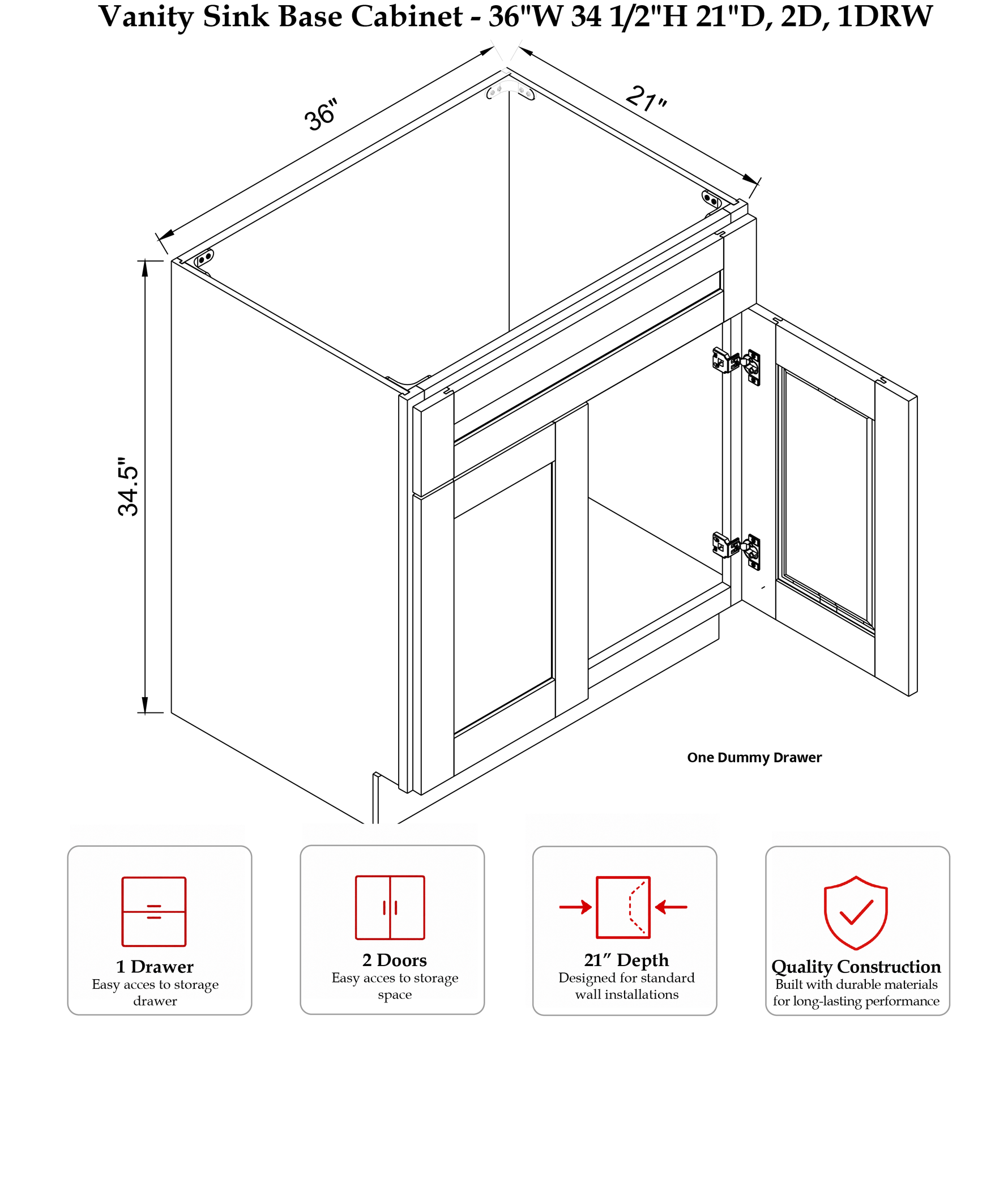Rose Hill Studio Slim — Linen — Vanity Sink Base Cabinet VSB36 - Specification Drawing