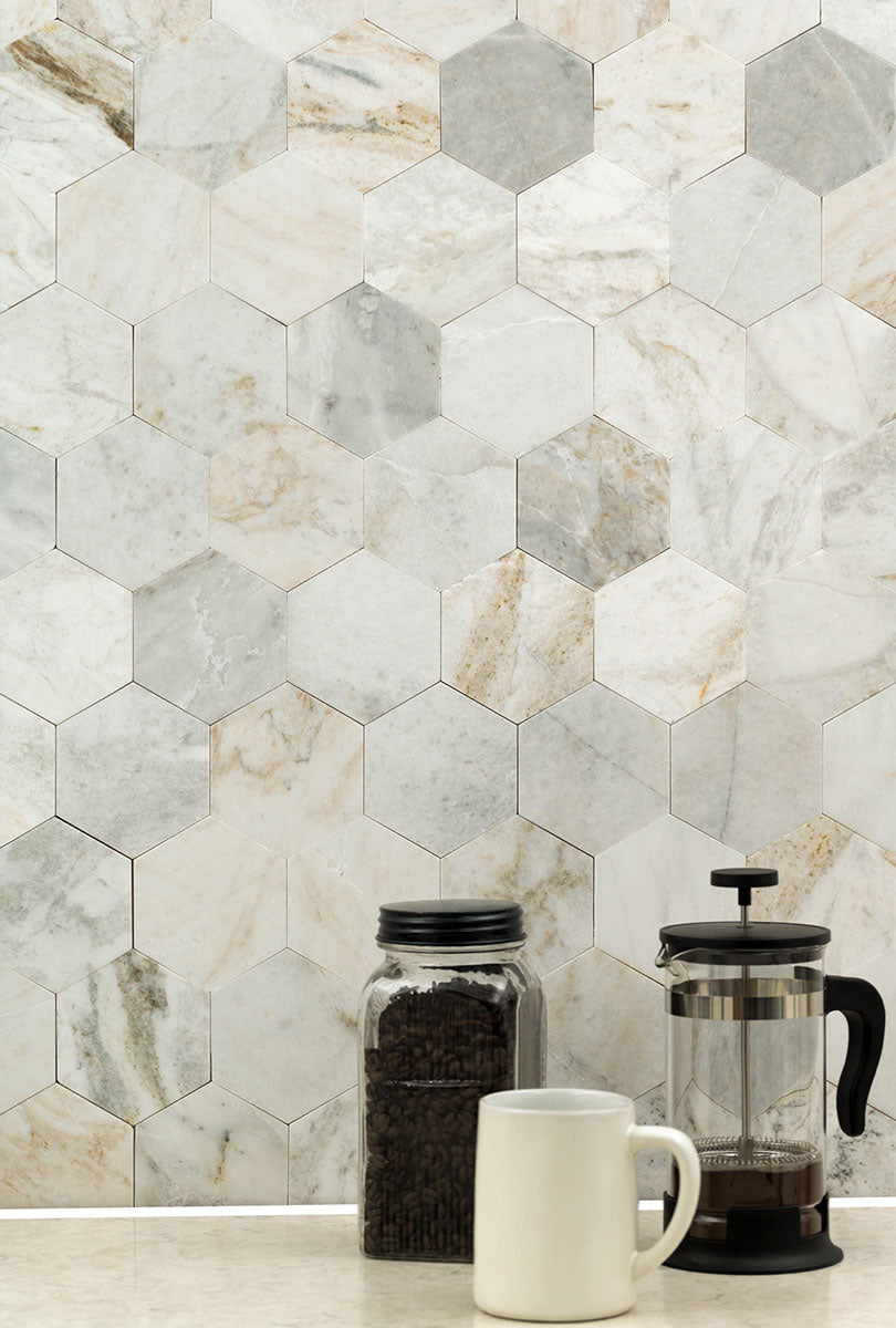 Arabescato Venato 4 inch Hex Peel and Stick - room scene