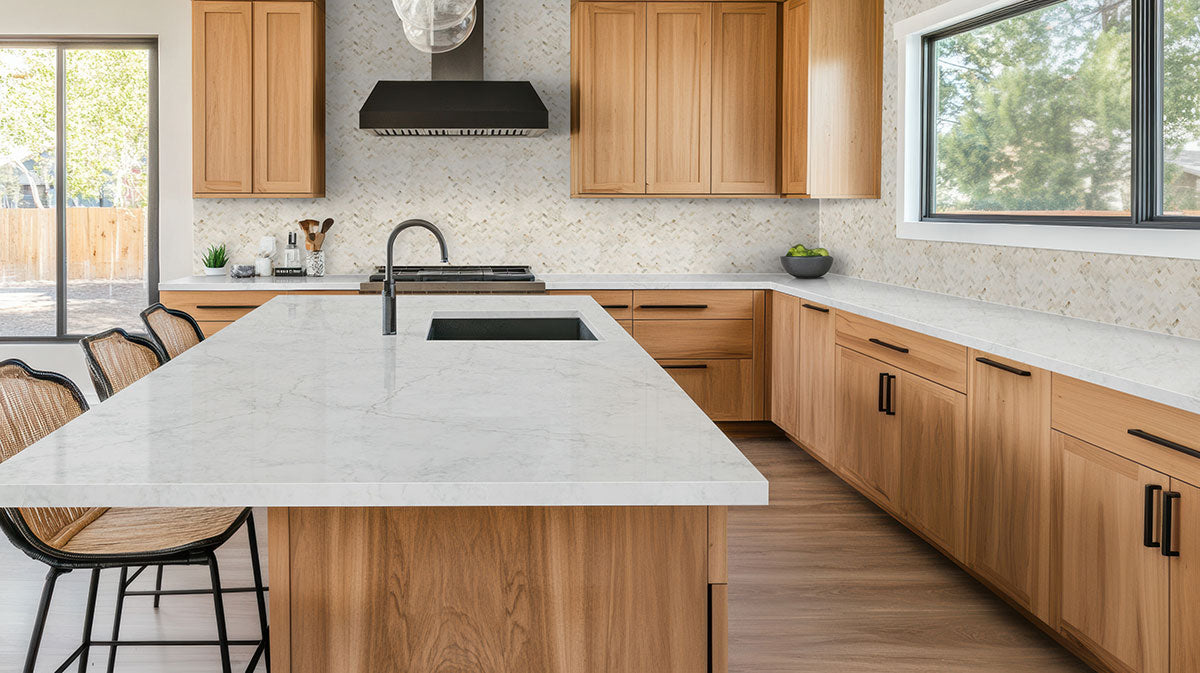 Arabescato Venato White 1x2 Herringbone honed - kitchen room scene