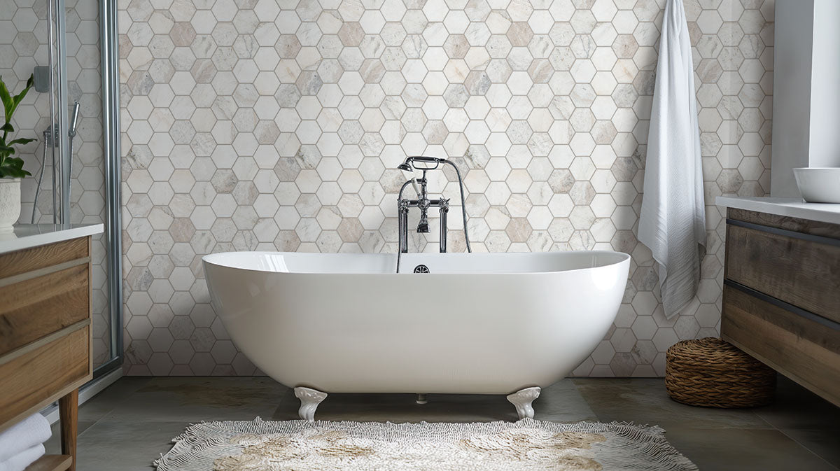 Arabescato Venato White 5 inch Hexagon honed - room scene