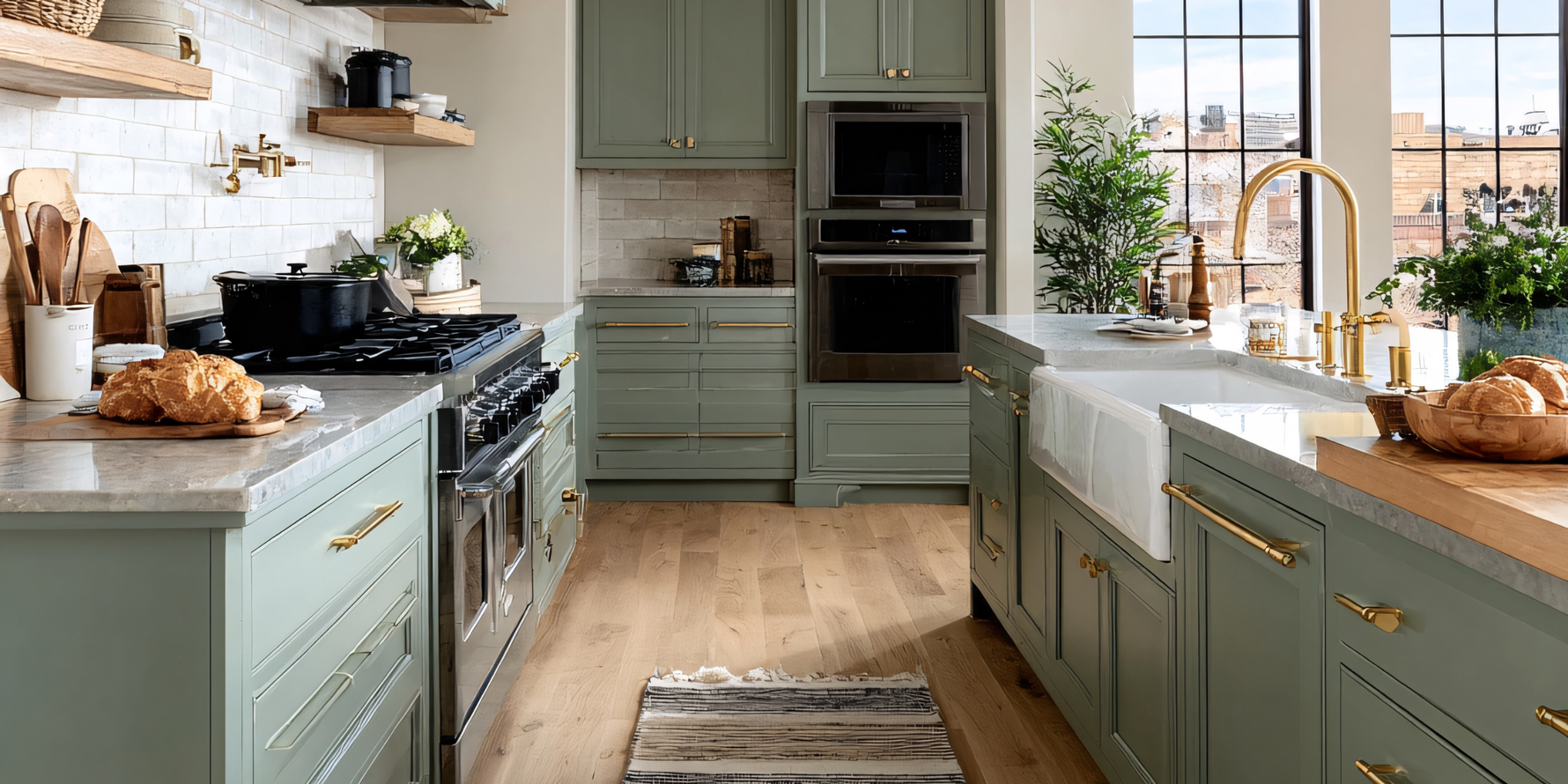 Sage green kitchen remodel with brass hardware, farmhouse sink, gold bridge faucet, pro gas range, double wall ovens and open wood shelving