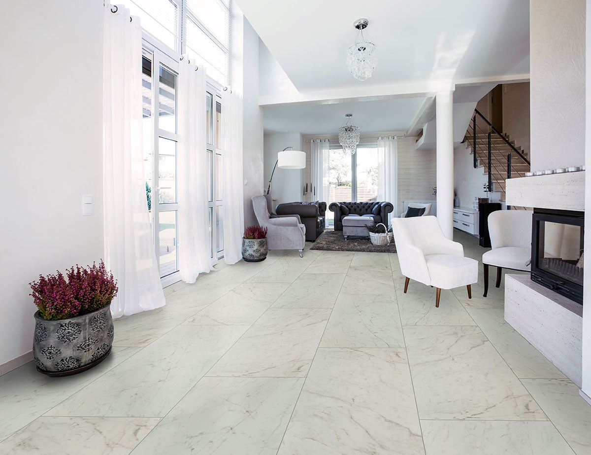Kaya Carrara Bianco porcelain room scene