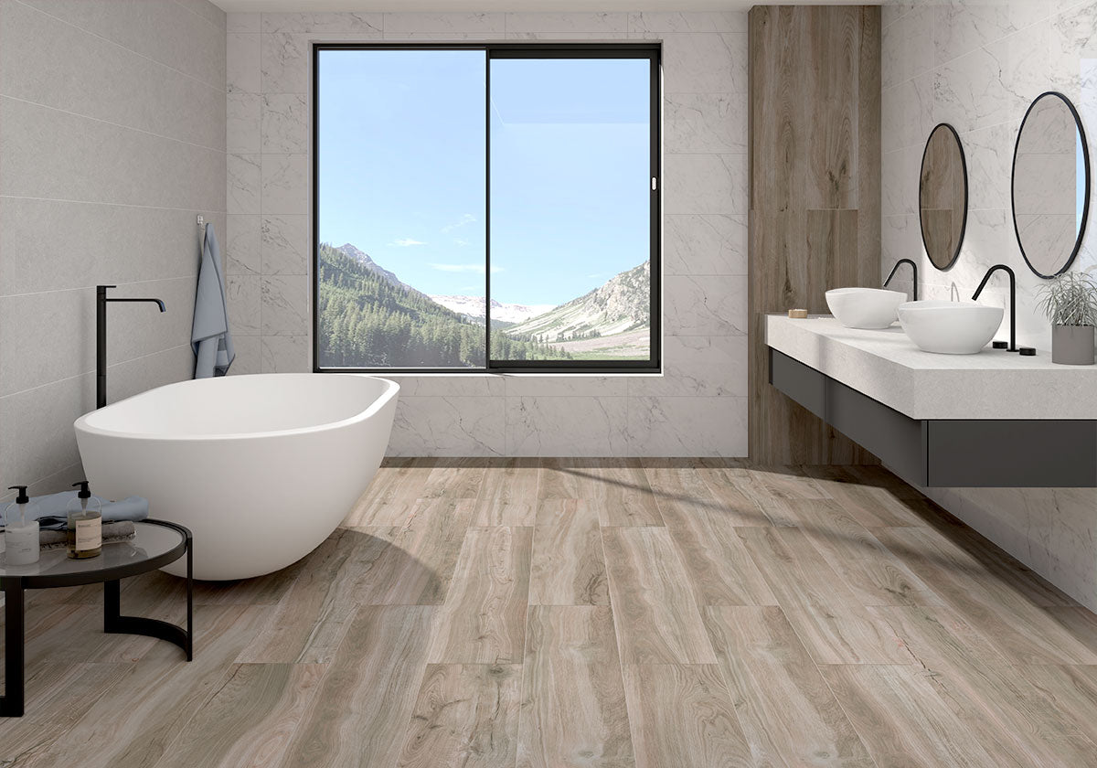 Kaya Carrara Bianco porcelain room scene 2