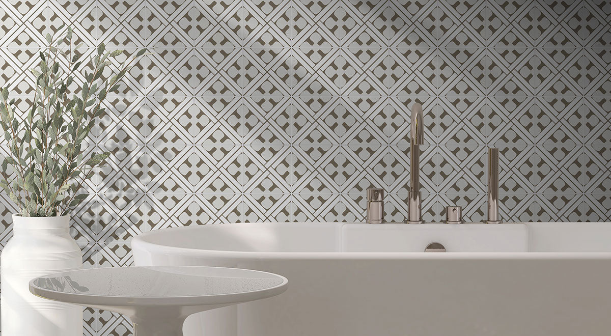 Zaria Elora 8x8 patterned porcelain tile room scene