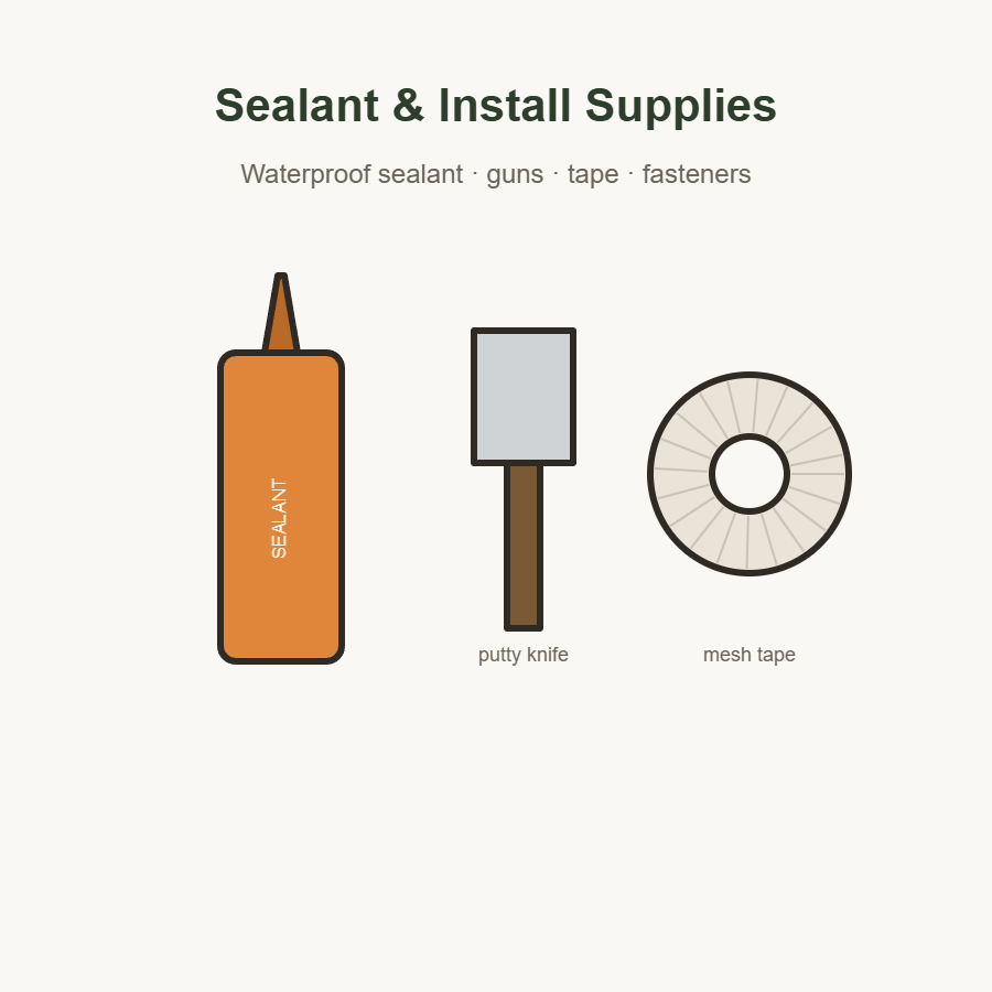 Tile sealant, putty knife and mesh tape supplies