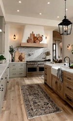 Modern farmhouse kitchen with wood range hood, marble Daltile backsplash tile, greige Fabuwood cabinets and natural Mannington wood flooring - complete kitchen remodel products from Emerald Fern Finishes