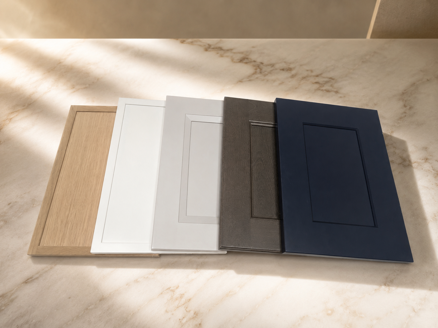 Rose Hill cabinet door samples arranged in natural light