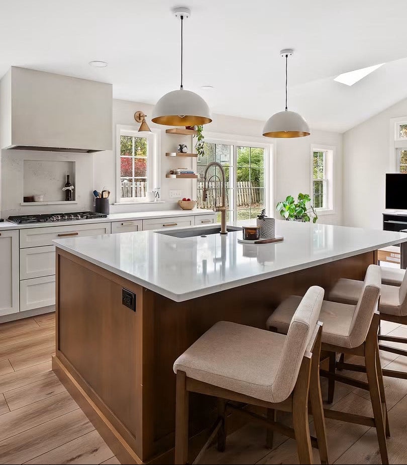 Rose Hill Signature Shaker Linen kitchen with a Pecan island, white countertops, dome pendants, and brass accents
