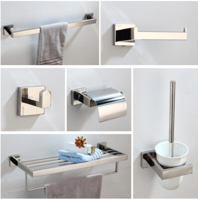 Brushed nickel bathroom hardware set including towel bar, toilet paper holder, robe hook, towel shelf, and toilet brush