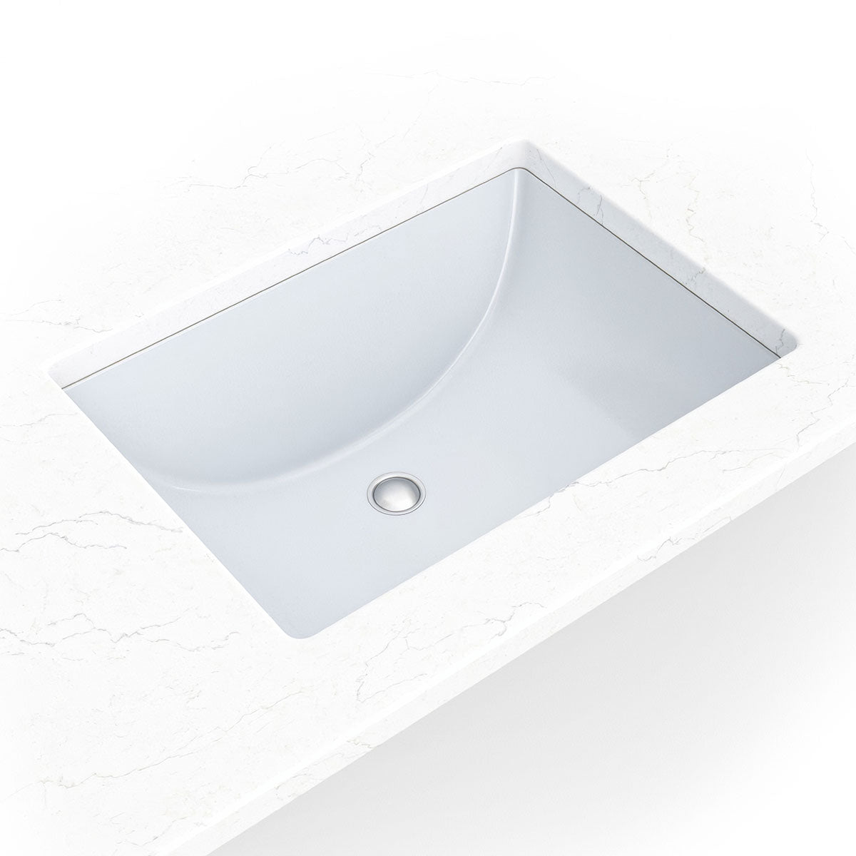 White porcelain rectangular undermount vanity sink shown in a bathroom scene