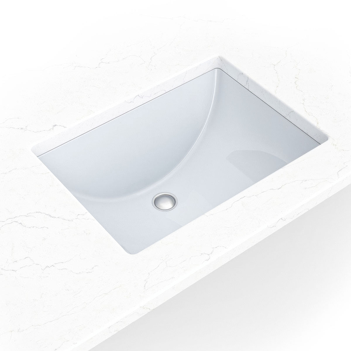 MSI white porcelain rectangular undermount bathroom sink installed in a vanity