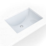 MSI white porcelain rectangular undermount bathroom sink installed in a vanity