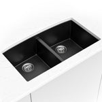 MSI quartz composite 50/50 double-bowl kitchen sink in a kitchen setting