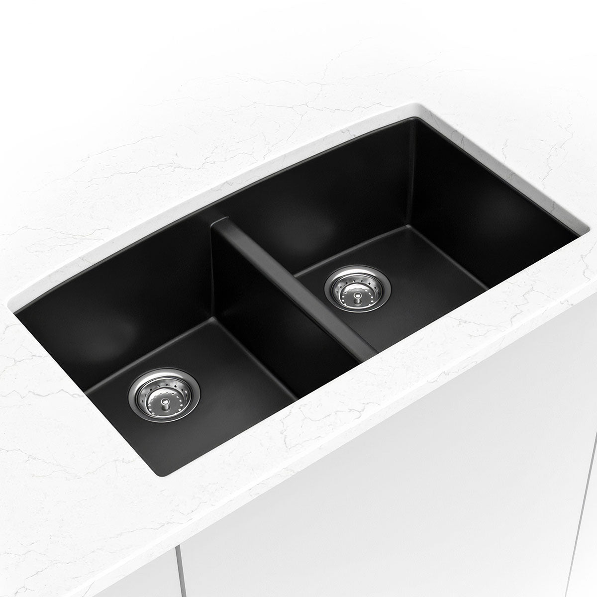 MSI quartz composite 50/50 double-bowl kitchen sink in a kitchen setting