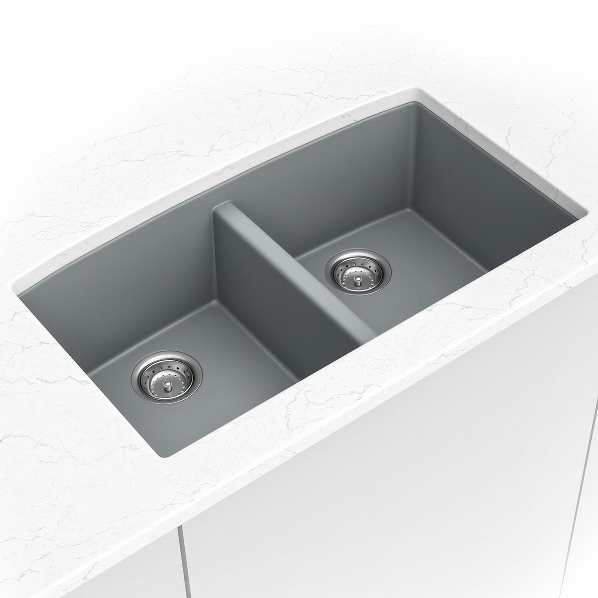 MSI quartz composite 50/50 double-bowl kitchen sink in gray in a kitchen setting