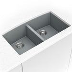 MSI quartz composite 50/50 double-bowl kitchen sink in gray in a kitchen setting