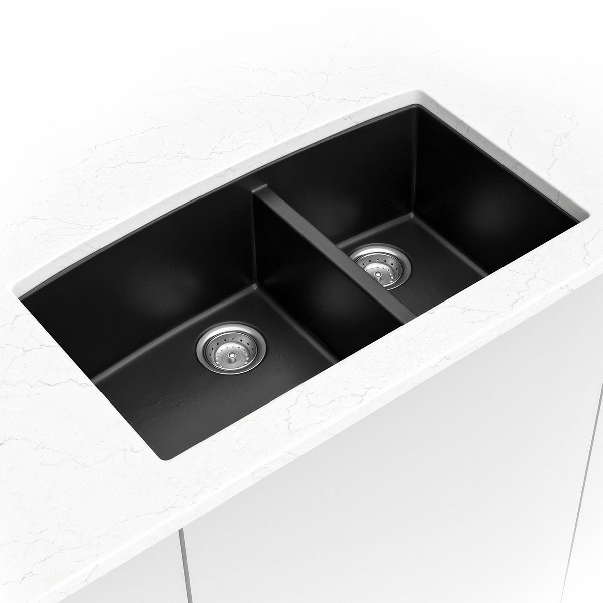 MSI quartz composite 60/40 double-bowl kitchen sink in black in a kitchen setting