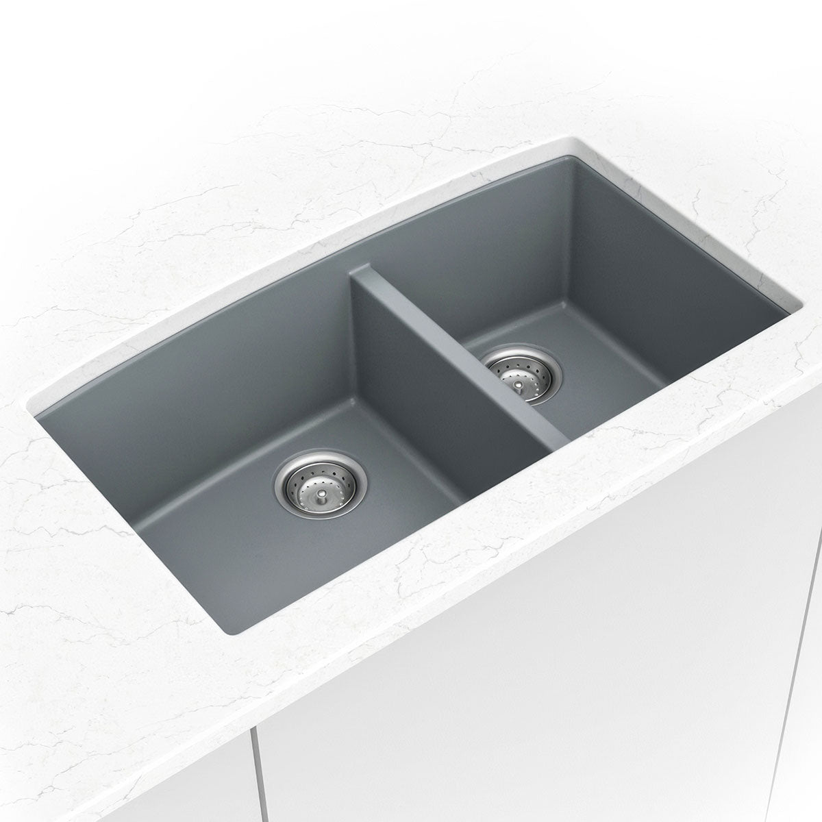 MSI quartz composite 60/40 double-bowl kitchen sink in gray in a kitchen setting