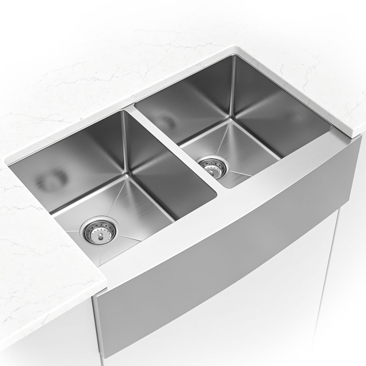 MSI 16-gauge farmhouse apron double-bowl sink installed in a kitchen