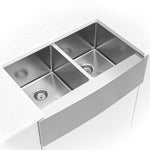 MSI 16-gauge farmhouse apron double-bowl sink installed in a kitchen