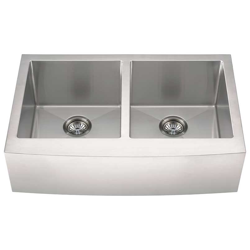 Front apron view of MSI 16-gauge stainless steel double-bowl farmhouse sink