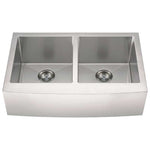 Front apron view of MSI 16-gauge stainless steel double-bowl farmhouse sink