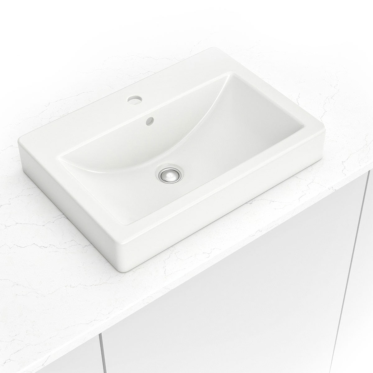 MSI white porcelain rectangular drop-in bathroom sink installed in a vanity