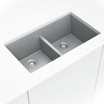 Matte gray quartz double-bowl kitchen sink shown in a kitchen scene