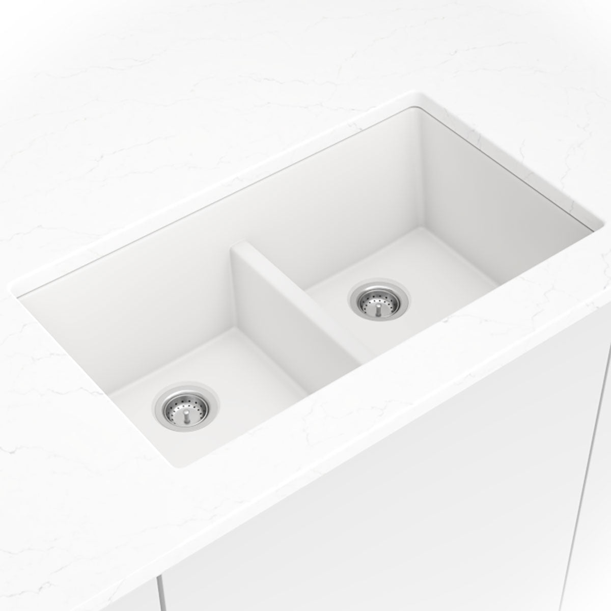 Matte white quartz double-bowl kitchen sink shown in a kitchen scene