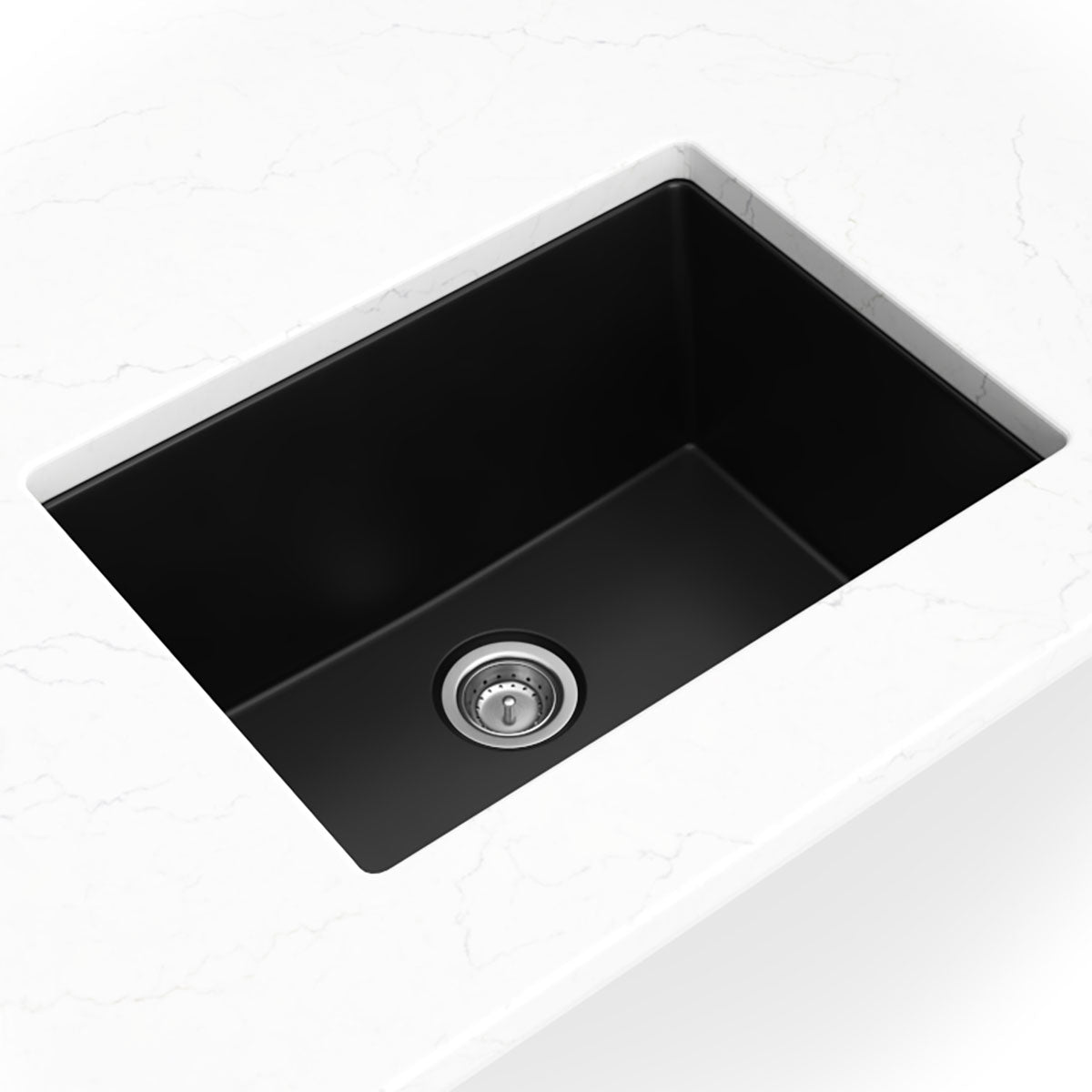 Matte black quartz bar and prep sink shown in a kitchen scene
