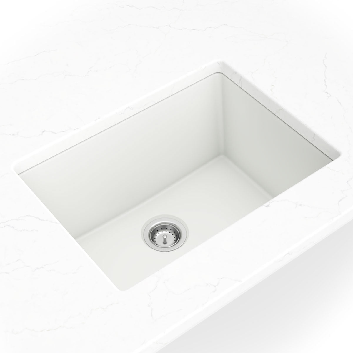 Matte white quartz bar and prep sink shown in a kitchen scene