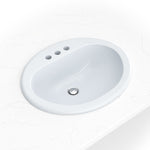 MSI white porcelain oval drop-in bathroom sink installed in a vanity