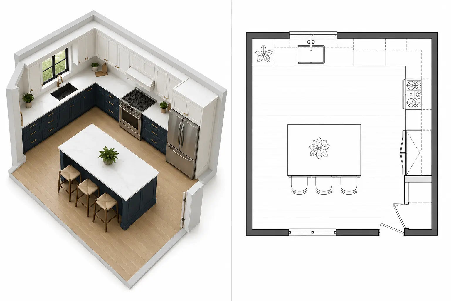 Three-dimensional kitchen plan beside an architectural floor plan