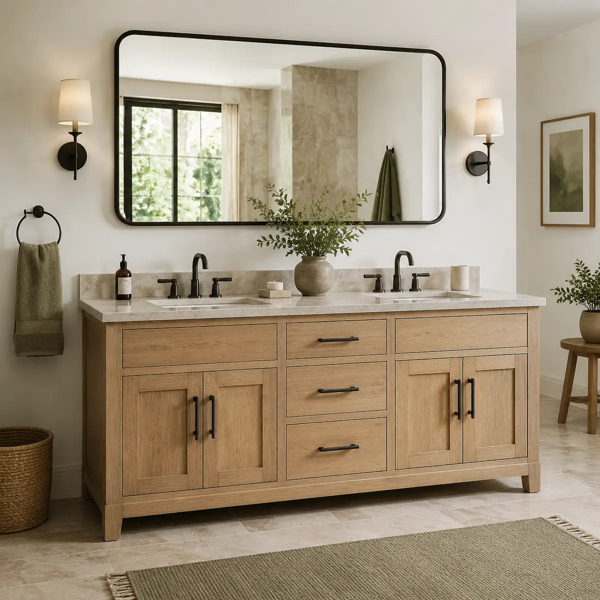 Natural oak double vanity with stone countertop and two sinks