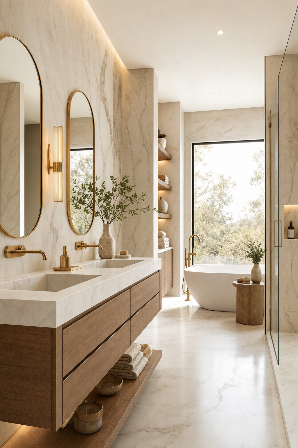 Bathroom mirror and coordinated vanity accessories