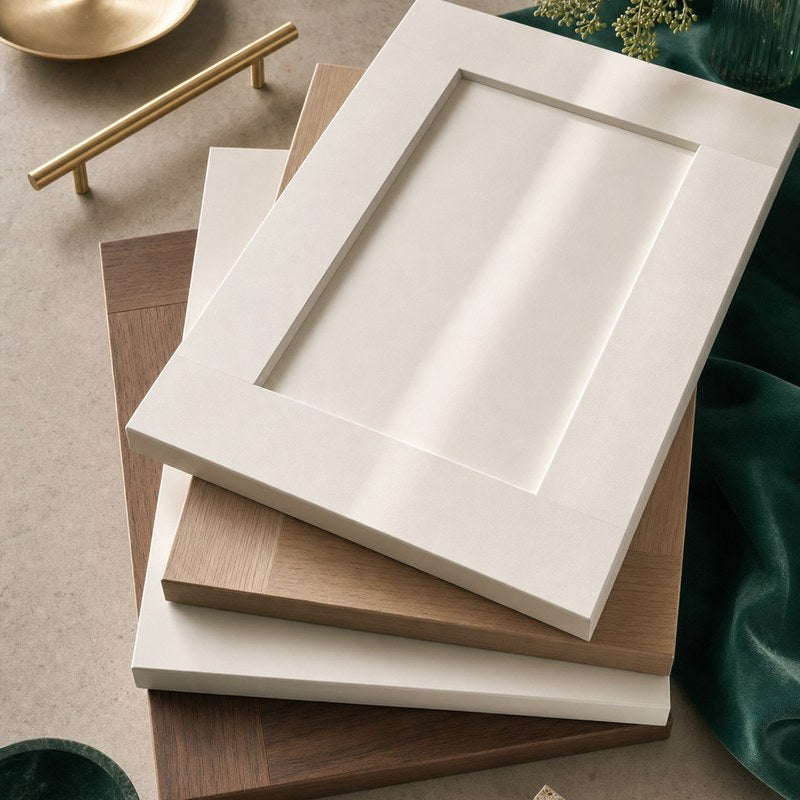 Shaker cabinet door samples in coordinated finishes