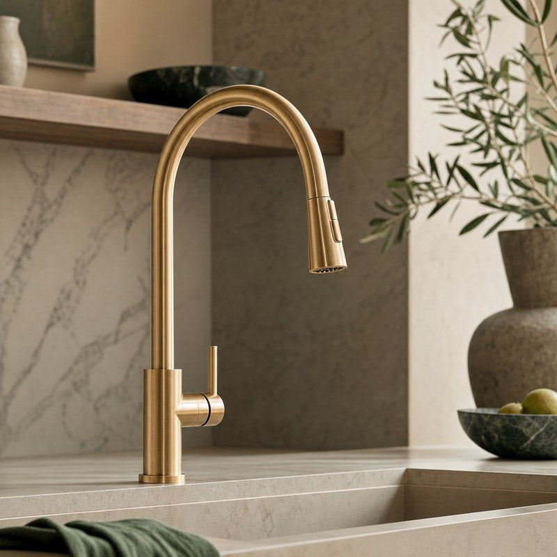 High-arc kitchen faucet installed at a sink