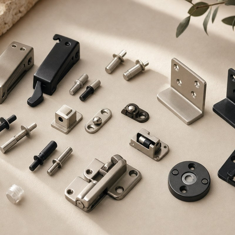 Cabinet latches, brackets, hooks, and functional hardware
