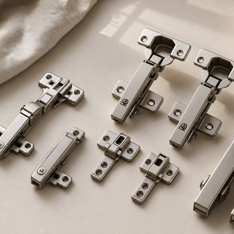 Concealed cabinet hinges and mounting plates