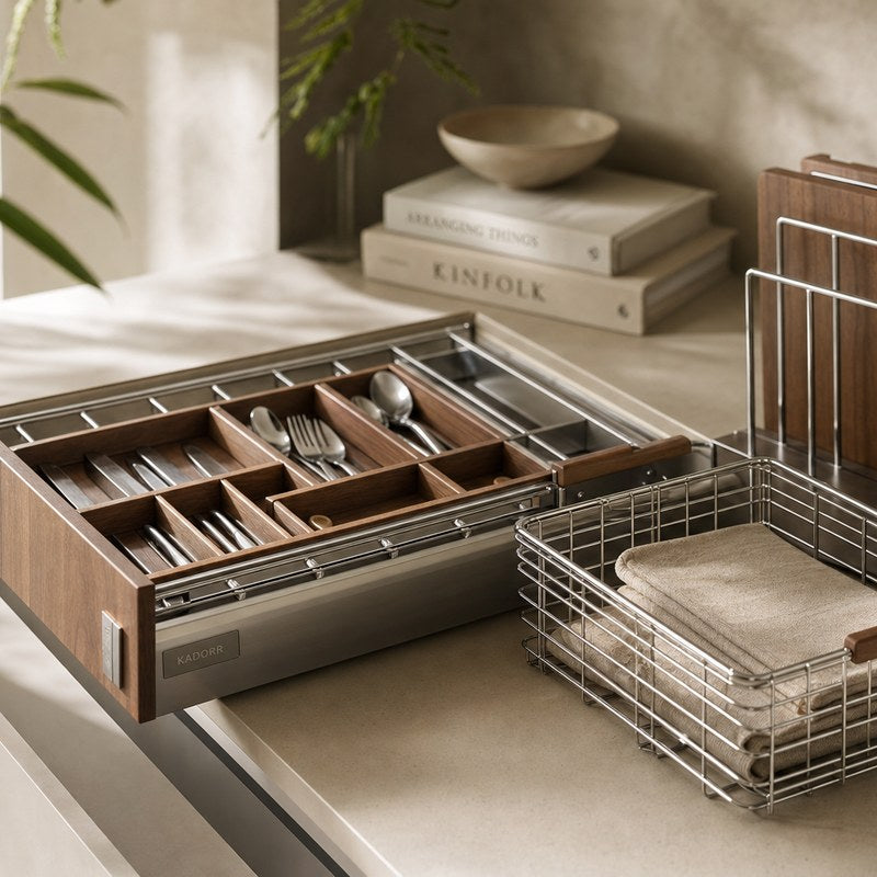 Pullout cabinet organizer with fitted storage compartments