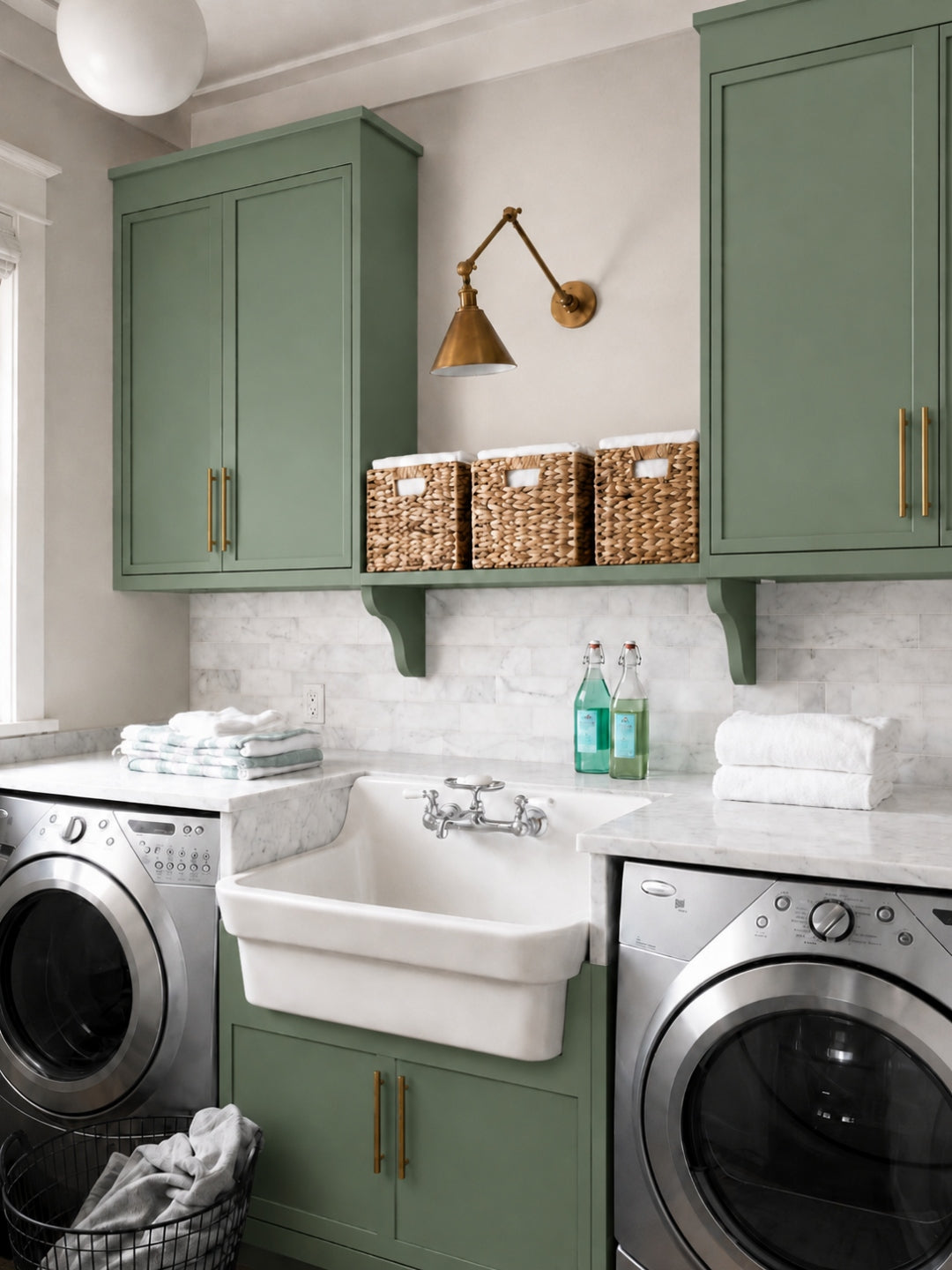 Green storage cabinetry installed in a finished laundry room