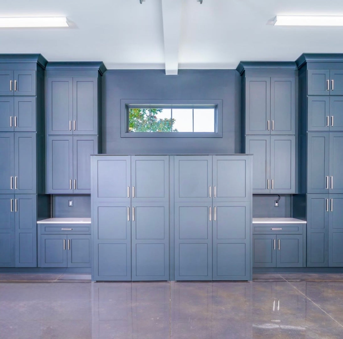 Navy Rose Hill cabinetry in a storage space