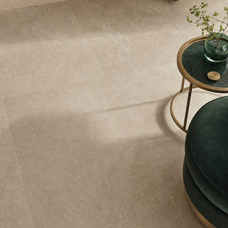 Neutral porcelain tile installed on a bathroom floor